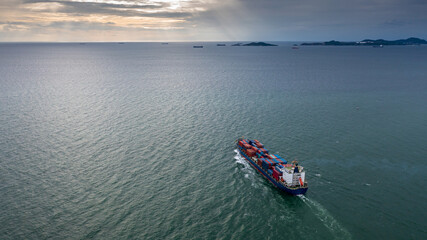 Aerial view container cargo ship global business logistic transportation import export container box, Container cargo ship boat freight shipping maritime commercial port, Cargo vessel industrial port.