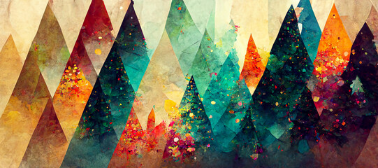 Abstract fantasy festive christmas tree background header wallpaper, winter abstract landscape. Christmas scene. Banner header. Digital art.