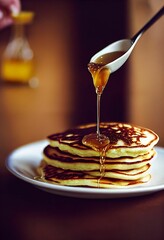 Canvas Print - Vertical closeup of freshly made delicious pancakes with honey on white plate for breakfast