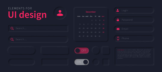Poster - UI elements design for use in mobile app, website, software. User interface design in style neumorphism. Neomorphic ui design kit, buttons, search bars, calendar.