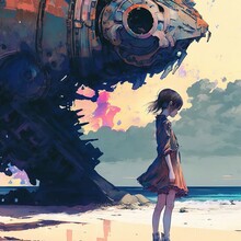 Girl On The Beach With Crashed Spaceship. Generative AI Technology