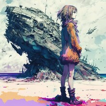 Girl On The Beach With Crashed Spaceship