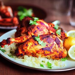 Poster - Closeup of fried chicken with rice and lemon on white plate on wooden serving table