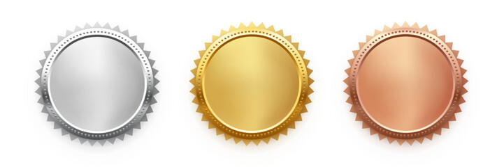 Wall Mural - award golden, silver and bronze blank medals 3d realistic illustration. first, second and third plac