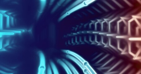 Wall Mural - 3d animation of a trippy narrow sci-fi hallway with wires and metal spikes
