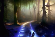 Neon Light On Landscape With Forest Trails 