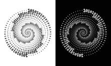 Abstract  Digits ONE And ZERO In Spiral Over Black And White Background. Big Data Concept, Icon Logo Or Tattoo. The Numbers 1 And 0 Alternate With Each Other In Order.