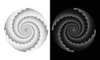 Wall Mural - Abstract numbers one and zero in a spiral over a black and white backgrounds. Big data concept, logo icon or tattoo. The numbers 1 and 0 alternate randomly.