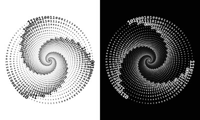 Poster - Abstract numbers one and zero in a spiral over a black and white backgrounds. Big data concept, logo icon or tattoo. The numbers 1 and 0 alternate randomly.
