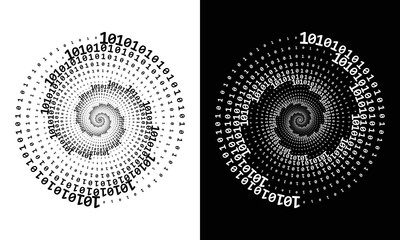 Aufkleber - Abstract  digits ONE and ZERO in spiral over black and white background. Big data concept, icon logo or tattoo. The numbers 1 and 0 alternate with each other in order.