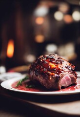 Canvas Print - Closeup shot of juicy steak grilled and watered red wine reduction sauce on white plate