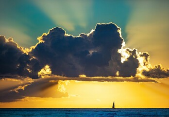 Poster - Silhouette of a sailboat in the ocean against the golden sunset sky under a golden sky