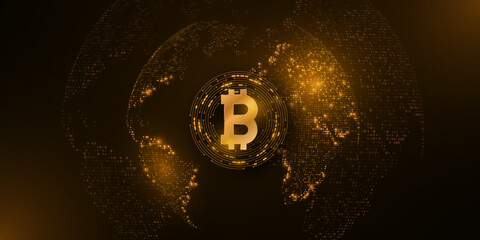 Poster - Cryptocurrency concept. Bitcoin with futuristic planet Earth and candlestick price pattern. Digital design for your cover or website. Blockchain market. Vector illustration