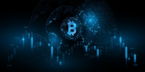 Poster - Cryptocurrency concept. Bitcoin with futuristic planet Earth and candlestick price pattern. Modern digital design for cover or website. Blockchain market. Vector illustration