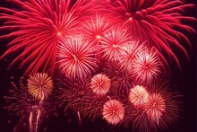 Massive Red Fireworks In The Night Sky To Celebrate The New Year, July 4th Or Wedding, Generative Ai