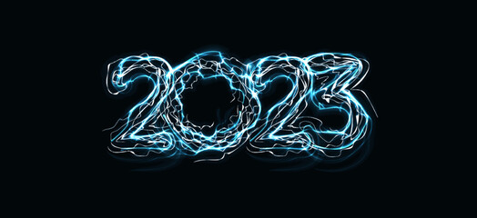 Poster - 2023 numbers with magic luminous lightning contour. Happy New Year event poster, greeting card cover, 2023 calendar design, invitation to celebrate New Year and Christmas. Vector illustration