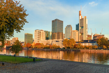Wall Mural - Frankfurt am Main, Germany - October 17th, 2022: Beautiful view to modern buildings in the city of Frankfurt am Main where historic and contemporary architecture meet.