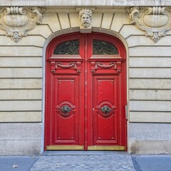 Poster - Paris, an ancient wooden door, beautiful facade 