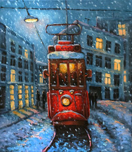 Oil Paintings Landscape With Old Tram On The Snowy Street. Old City, Fine Art Picture On Canvas. Winter Scenery Of Christmas Holiday Street At The In The Old Town