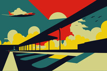 Colorful Editable Illustration Of An Airport And An Airplane Flying Over It