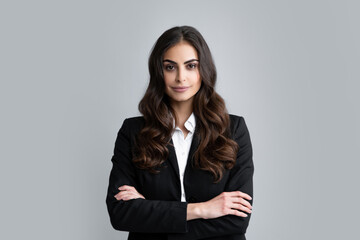 portrait of successful business woman in suit on gray isolated background. female office worker, suc