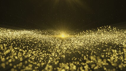 Poster - Background of sparkling golden dust bokeh with beam of light in the center on black background. Shiny golden stars, glow glitter particles, confetti. Festive background for holiday, birthday, party.