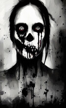 Digital Painted Illustration Of Fantasy Scary Zombie Or Vampire, Horror Character Portrait. 