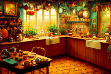 Cozy Kitchen, Mrs Santa Claus, Christmas, Created With Generative Ai