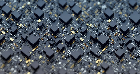 Poster - Technology background concept, isometric view. Microprocessor chipset, CPU central processor unit, Cyber, AI and futuristic concept. hardware, AI, electronics , database, data center, data storage.
