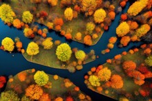  A River Surrounded By Trees With Yellow And Orange Leaves On It's Sides And A Blue Sky Above.