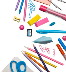 Sticker - School supplies on a desk. Back to school concept.