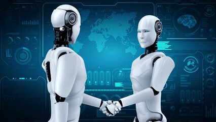 Poster - 3D rendering hominoid robot handshake to collaborate future technology development by AI thinking brain, artificial intelligence and machine learning process for 4th industrial revolution.