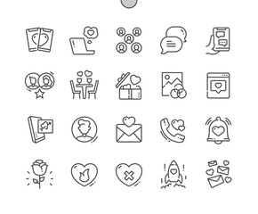 Poster - Dating app. Romantic messages. Gift, call, notification, rose, match and other. Pixel Perfect Vector Thin Line Icons. Simple Minimal Pictogram