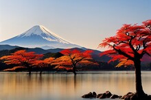 Japanese Maple Tree And Mount Fuji At Lake Kawaguchiko During Autumn Season, Yamanashi Prefecture, Japan
