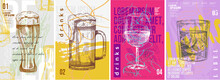 Party Poster Design. Drinks, Cocktails, Beer. Set Of Vector Illustrations. Typography. Vintage Pencil Sketch. Engraving Style. Labels, Cover, T-shirt Print, Painting.