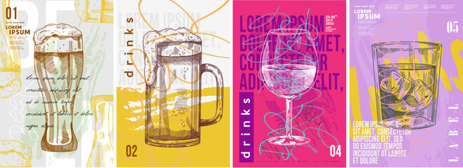 Wall Mural - Party poster design. Drinks, Cocktails, Beer. Set of vector illustrations. Typography. Vintage pencil sketch. Engraving style. Labels, cover, t-shirt print, painting.