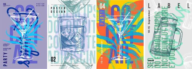 Fototapete - Party poster design. Drinks, Cocktails, Beer. Set of vector illustrations. Typography. Vintage pencil sketch. Engraving style. Labels, cover, t-shirt print, painting.