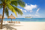 Fototapeta Big Ben - View from tropical beach on cruise ship sailing from port 
