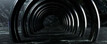 Ring Tunnel From Black Marble Background. Futuristic Round Dark Corridor With 3d Render Light Reflections On Stone Surface. Passage From Disk Arched Columns