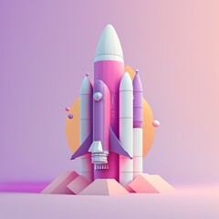 Poster - Funny, ultra soft spaceship rocket isolated on pink background. Pastel colors. Colorful poster and banner. Cartoon minimal air style. 3D illustration