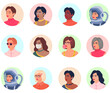 © Lana Marcy - Big set of female round avatars in funky colourful style. Different young women portrait collection. Diverse people.