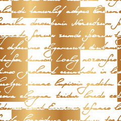 Poster - Written seamless pattern. Repeating write scribbles. Gold word lines for design prints. Repeated writing line background. Repeat golden texture. Modern foil for gift wrapper. Vector illustration