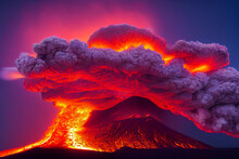 A Spectacular Eruption Of A Volcano Was Observed With Explosions, Fiery Clouds, And Slag In The Sky. 3D Illustration.