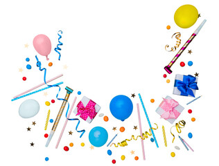 Poster - Colorful balloon and gift box, confetti, Birthday or party concept