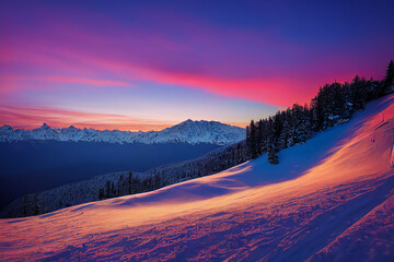 A tranquil winter landscape with a view of snow-capped mountains. The snow is everywhere, silently covering the trees in front of a colorful sunset. 3D illustration.