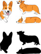 Welsh Corgi silhouettes. Laying, running, standing dog. Cute brown dogs characters in various poses, design for print, cute cartoon vector set, in different poses. One color design. Small orange dog.