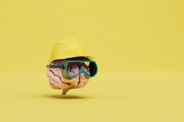 thoughts about the construction project. brain in a protective helmet and goggles. 3D render