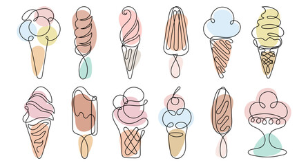 a set of contour drawings of various types of ice cream. black line with color. food illustration, v