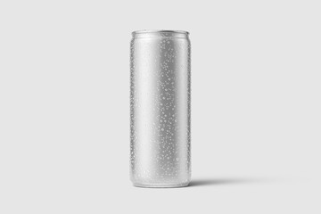 Aluminium drink can 250ml with water drops mockup template, isolated on light grey background. High resolution.