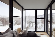  Interior Design Photo Of A Cosy Apartment With Glass Walls Overlooking A Vast Hilly Landscape In Winter